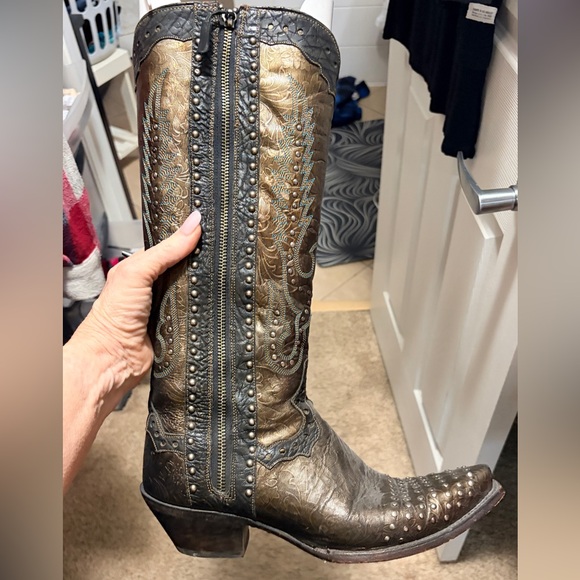 Dan Post Tall Bronze Snip Toe Studded Brown Heeled Boots 9.5 - Picture 1 of 10